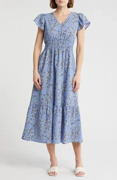 Melrose And Market Flutter Sleeve Smocked Waist Midi Dress In Blue- Ivory Quinn Floral