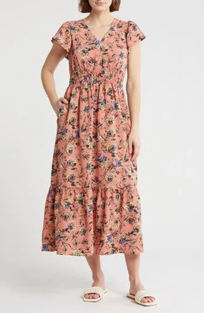 Melrose And Market Flutter Sleeve Smocked Waist Midi Dress In Pink- Olive Essie Floral