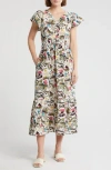 Melrose And Market Flutter Sleeve Smocked Waist Midi Dress In White Multi Floral