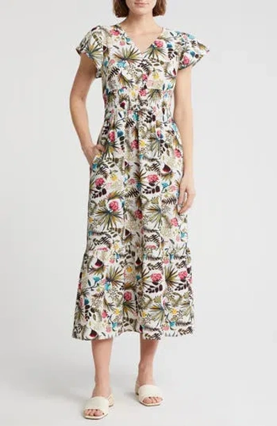 Melrose And Market Flutter Sleeve Smocked Waist Midi Dress In White Multi Floral