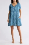 Melrose And Market Gauze Babydoll Minidress In Blue- Ivory Wildflower Sketch