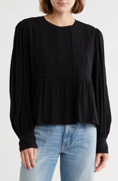 Melrose And Market Lace Trim Long Sleeve Peplum Top In Black