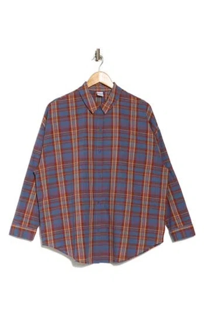 Melrose And Market Long Sleeve Button-up Tunic Shirt In Blue Multi Luna Plaid