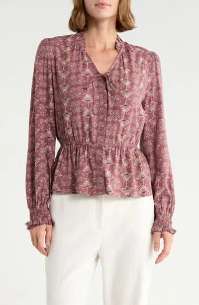 Melrose And Market Long Sleeve Peplum Top In Burgundy - Tan Palm Geo