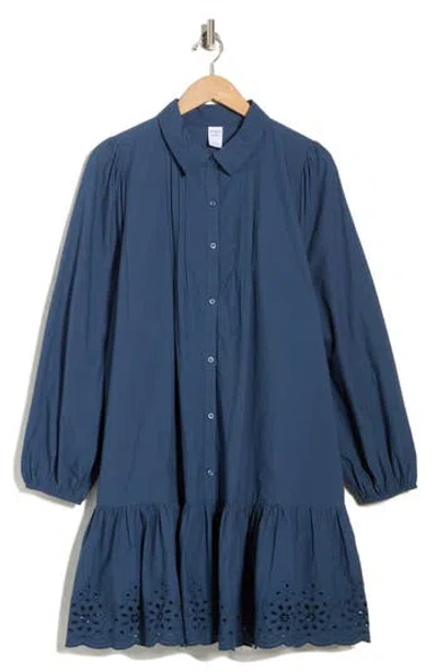 Melrose And Market Long Sleeve Poplin Eyelet Trim Dress In Blue