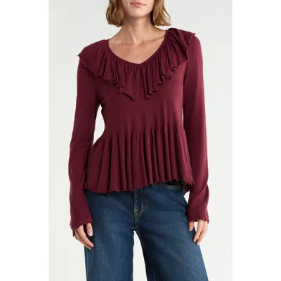 Melrose And Market Long Sleeve Ruffle Sweater In Burgundy