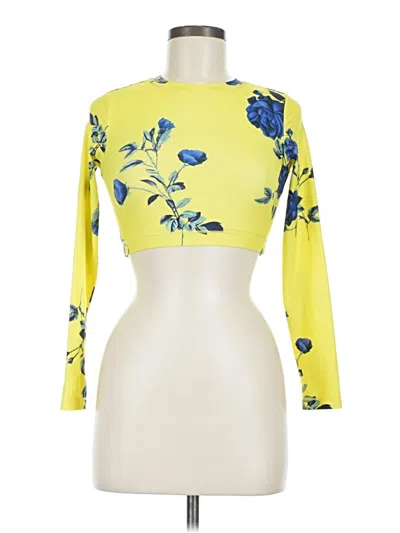 Pre-owned Melrose And Market Long Sleeve Top Yellow Houndstooth Pattern Crew Neck Tops