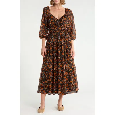 Melrose And Market Romantic Floral Puff Sleeve Midi Dress In Multi