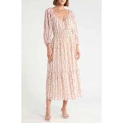 Melrose And Market Romantic Floral Puff Sleeve Midi Dress In Neutral