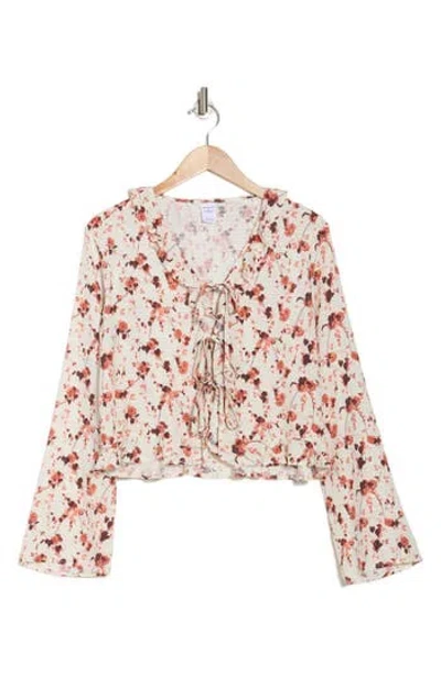 Melrose And Market Ruffle Front Tie Long Sleeve Top In Ivory- Rust Drooping Floral