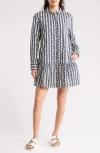 Melrose And Market Ruffle Hem Long Sleeve Cotton Shirtdress In Ivory- Navy Azorical Leaf