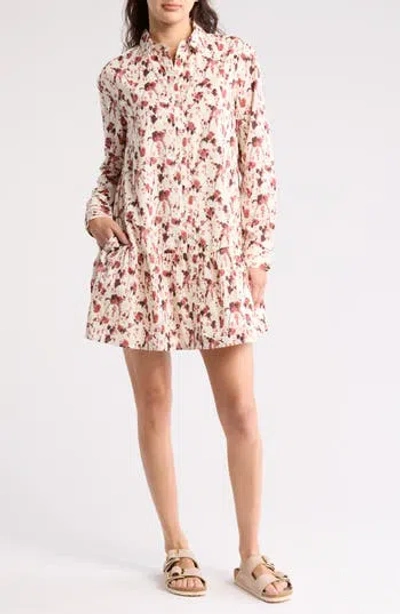 Melrose And Market Ruffle Hem Long Sleeve Cotton Shirtdress In Ivory- Rust Drooping Floral
