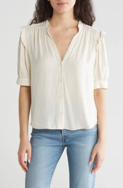 Melrose And Market Ruffle Sleeve Split Neck Button-up Top In Ivory Dove