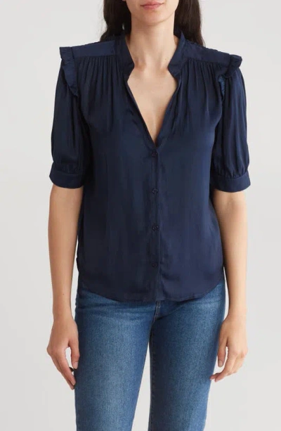 Melrose And Market Ruffle Sleeve Split Neck Button-up Top In Navy Blazer