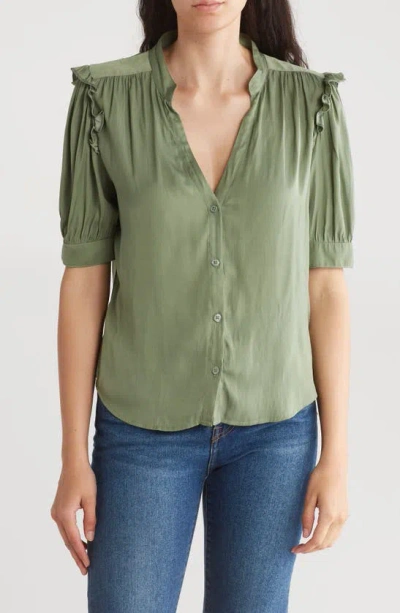 Melrose And Market Ruffle Sleeve Split Neck Button-up Top In Olive Acorn