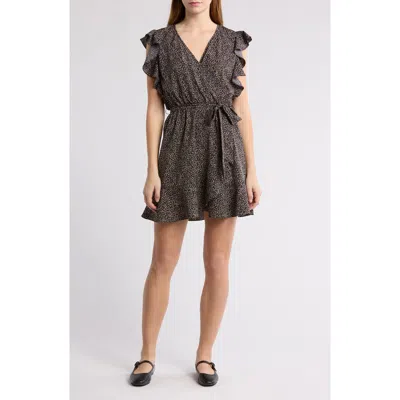 Melrose And Market Ruffle Tie Waist Dress In Black- Tan Subtract Dot