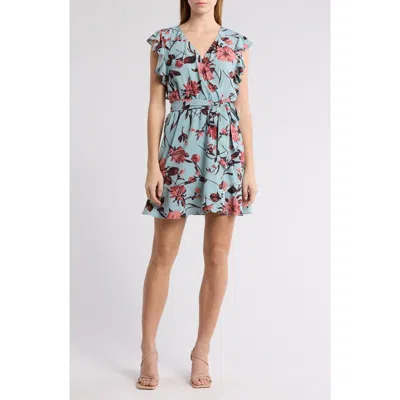 Melrose And Market Ruffle Tie Waist Dress In Teal- Pink Prim Bloom