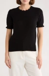 Melrose And Market Scalloped Short Sleeve Cotton Blend Sweater In Black