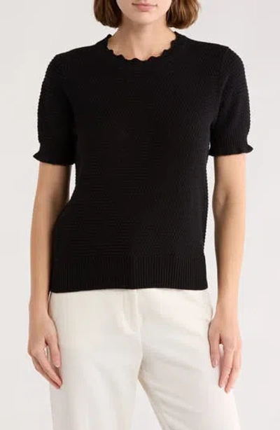 Melrose And Market Scalloped Short Sleeve Cotton Blend Sweater In Black