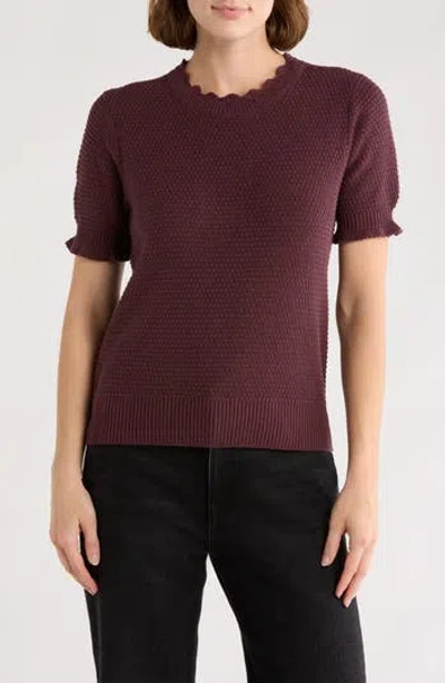 Melrose And Market Scalloped Short Sleeve Cotton Blend Sweater In Burgundy