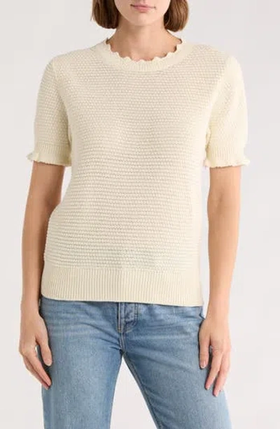 Melrose And Market Scalloped Short Sleeve Cotton Blend Sweater In Neutral