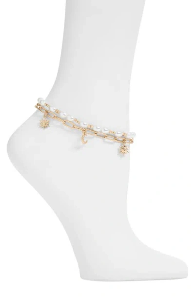 Melrose And Market Set Of 2 Celestial Charm & Imitation Pearl Anklets In Gold