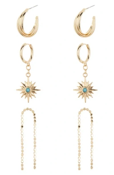 Melrose And Market Set Of 3 Assorted Hoop & Drop Earrings In Turquoise- Gold