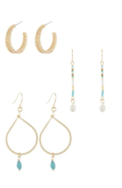 Melrose And Market Set Of 3 Hoop, Beaded Freshwater Pearl Drop & Teardrop Earrings In Gold