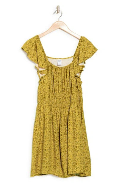Melrose And Market Smocked Flutter Sleeve Dress In Yellow- Beige Pine Floral