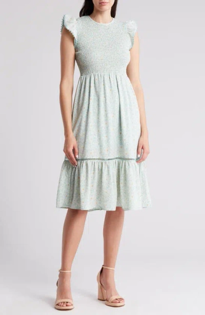 Melrose And Market Smocked Flutter Sleeve Midi Dress In Teal T-ivory Louis Floral