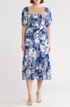 Melrose And Market Smocked Puff Sleeve Midi Dress In Blue- Ivory Belle Floral