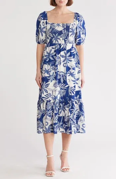 Melrose And Market Smocked Puff Sleeve Midi Dress In Blue- Ivory Belle Floral
