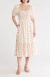 Melrose And Market Smocked Puff Sleeve Midi Dress In Ivory- Pink Flowers