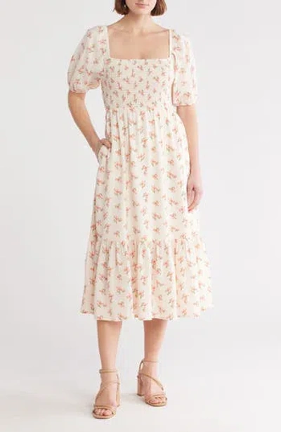 Melrose And Market Smocked Puff Sleeve Midi Dress In Ivory- Pink Flowers