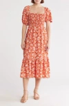 Melrose And Market Smocked Puff Sleeve Midi Dress In Orange - Ivory Fontana Floral