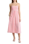 Melrose And Market Stripe Babydoll Midi Dress In Pink Geranium Stripe