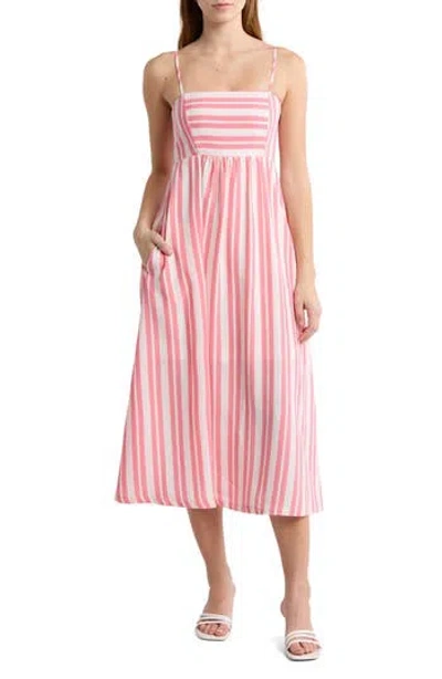 Melrose And Market Stripe Babydoll Midi Dress In Pink Geranium Stripe