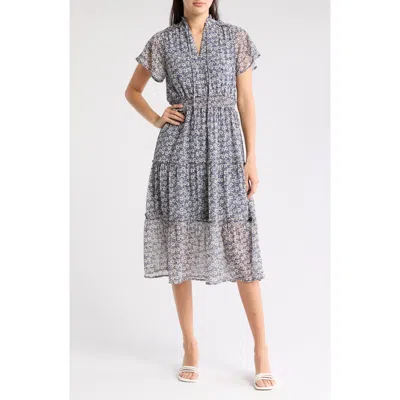 Melrose And Market Tiered Midi Dress In Blue- Ivory Sketch Blossom