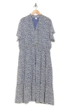 Melrose And Market Tiered Midi Dress In Blue- Ivory Sketch Blossom