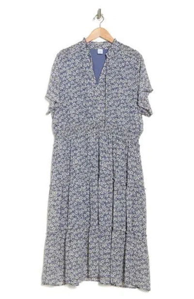 Melrose And Market Tiered Midi Dress In Blue- Ivory Sketch Blossom