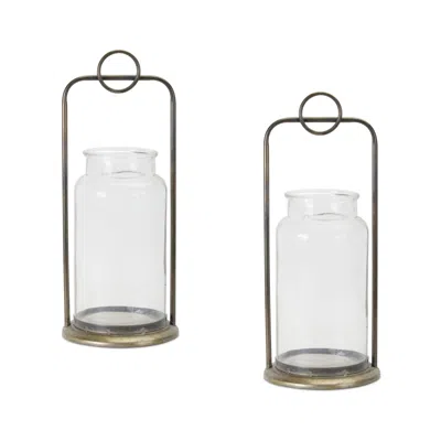 Melrose International Antique Metal Candle Holder With Glass Jar (set Of 2) - Clear, Bronze