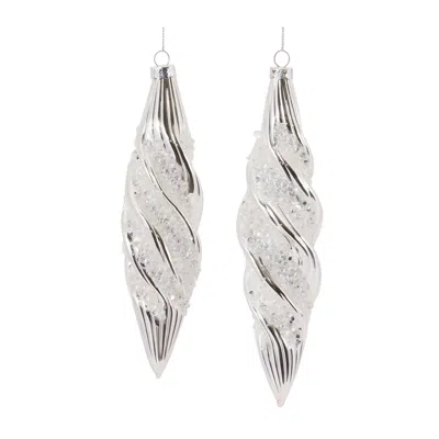Melrose International Beaded Glass Swirl Ornament (set Of 6) - Silver, White