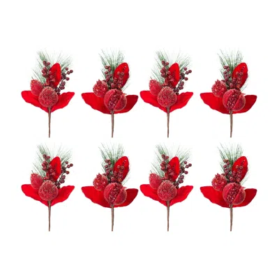 Melrose International Beaded Pomegranate And Pear Pine Pick (set Of 8) - Red, Green