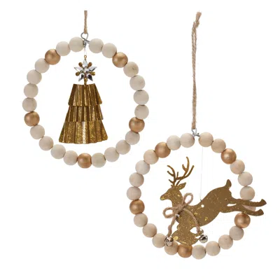 Melrose International Beaded Wood Tree And Deer Ornament (set Of 6) - Bronze, Beige