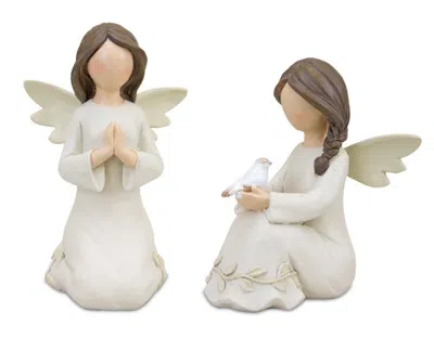 Melrose International Beige Angel Figurine With Raised Floral Accent (set Of 2) - White, Brown