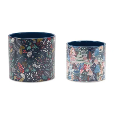 Melrose International Berry And Pine Tree Holiday Planter (set Of 4) - Blue, White