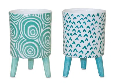 Melrose International Blue Patterned Pot With Legs (set Of 2) - Blue, White, Blue