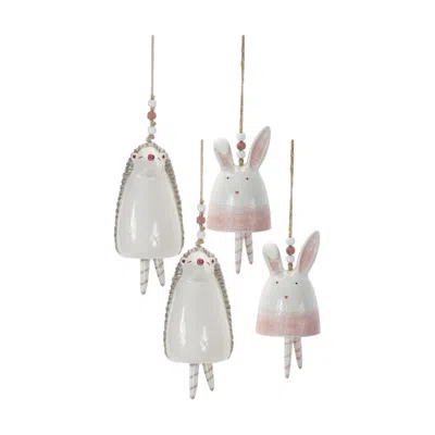 Melrose International Blush Bunny And Hedgehog Bell Hanging Garden Accent (set Of 4) - White, Pink