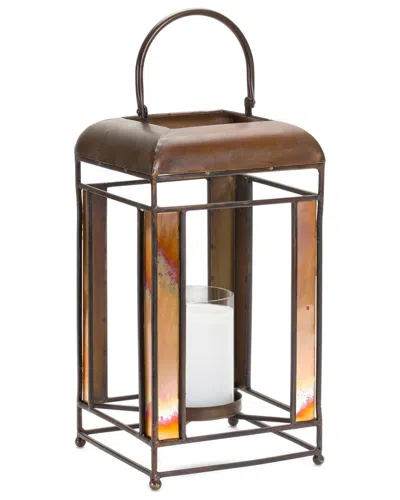 MELROSE INTERNATIONAL MELROSE INTERNATIONAL BRONZE METAL CANDLE HOLDER WITH AMBER GLASS PANES & HURRICANE