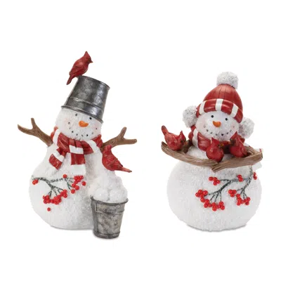 Melrose International Cardinal Snowman Figurnie (set Of 2) - White, Red, Silver